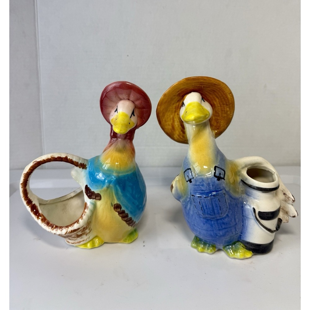 Vtg Goose / Duck Farmer Couple with Baskets Ceramic Planters Vases Cottagecore 2